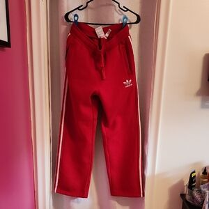 Adidas Women's Red Joggers with White Stripes